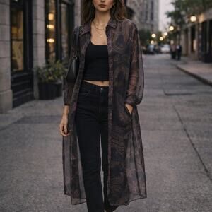 Zara Sz Large Longline Sheer Black Graphic Aztec Print Duster Dark Boho Top